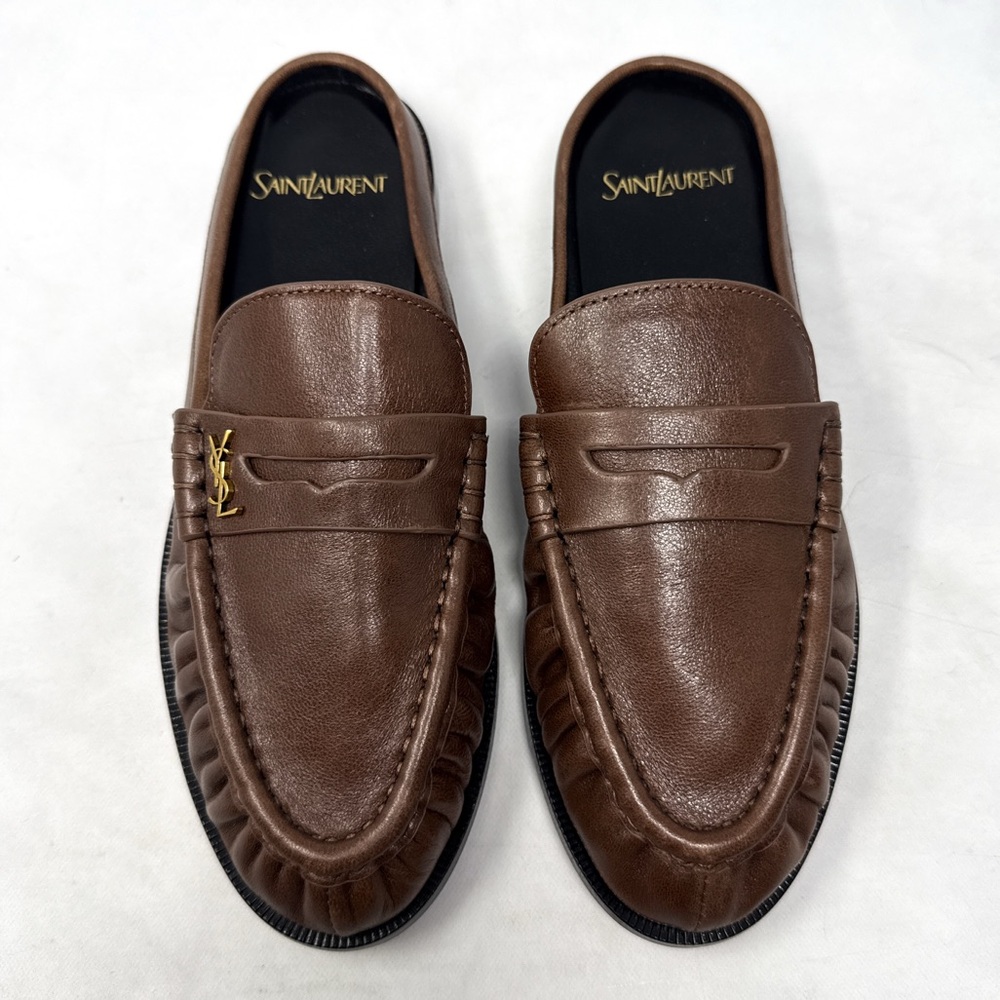 NEW Saint Laurent YSL Le Loafer Penny Mule Leather Backless Flat Shoes Brown 36 - Picture 3 of 10